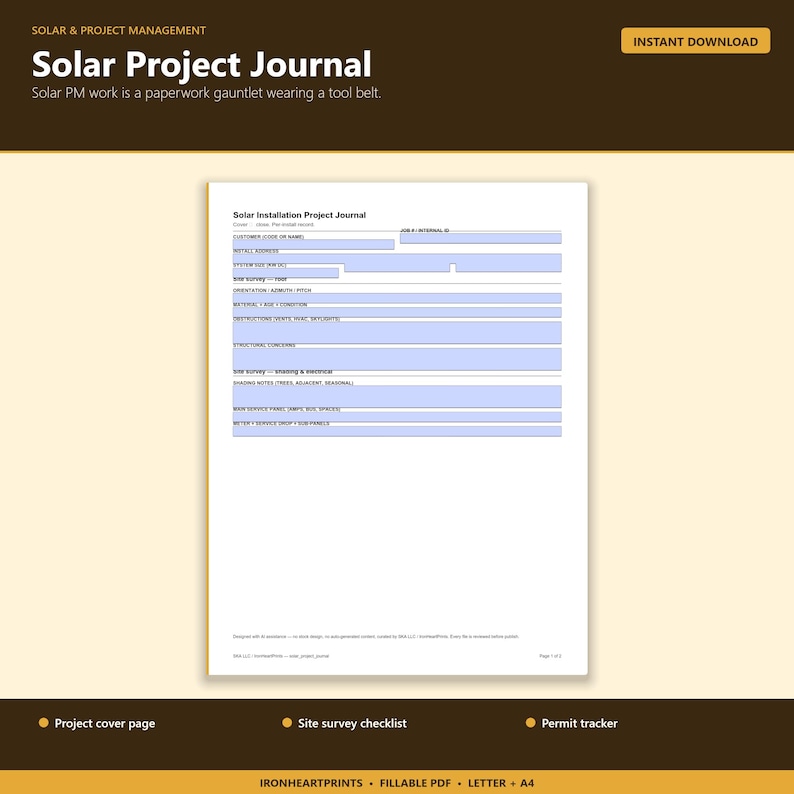Construction Project Journal Printable PDF | Site Inspection, Permit Tracker, Install Log for Contractors image 1