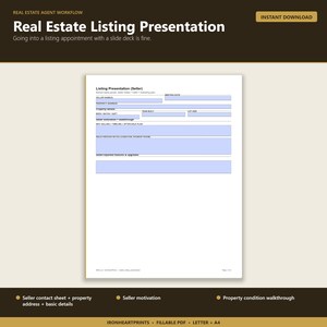 Realtor Listing Presentation Printable PDF | Real Estate Seller Intake, CMA Worksheet, Marketing Plan, Fillable Agent Template Bild 1