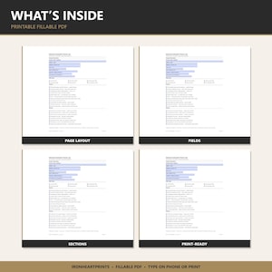 Op de afbeelding: Een digitaal document getiteld WHAT'S INSIDE PRINTABLE FILLABLE PDF met vier weergaven van een opleverpuntenlijst voor aannemers. Elke weergave toont velden voor projectinformatie, selectievakjes voor werktypes en lijsten met taken.