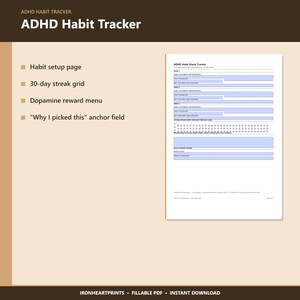 ADHD Habit Tracker Printable PDF | 30 Day Streak Planner, Tiny Habits, Dopamine Reward, Fillable Adult ADHD Habit image 5