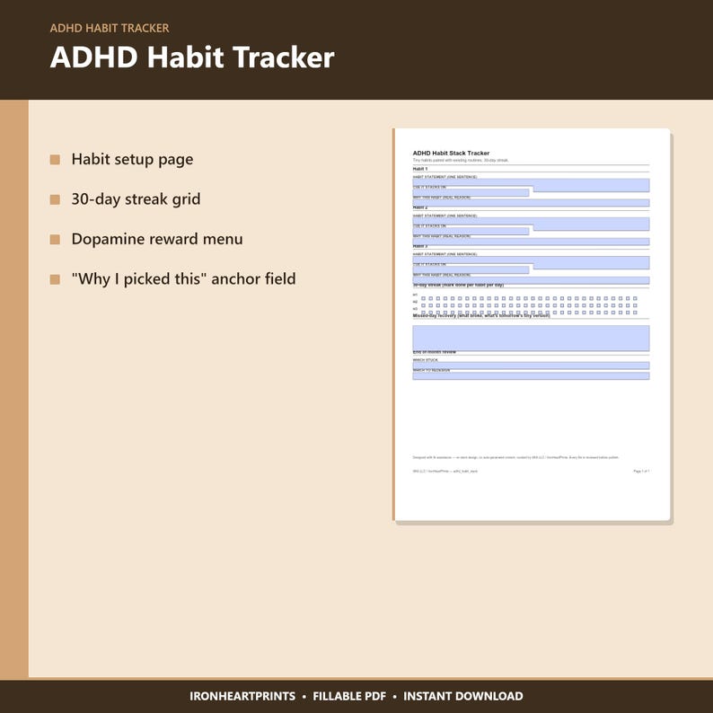ADHD Habit Tracker Printable PDF | 30 Day Streak Planner, Tiny Habits, Dopamine Reward, Fillable Adult ADHD Habit image 5
