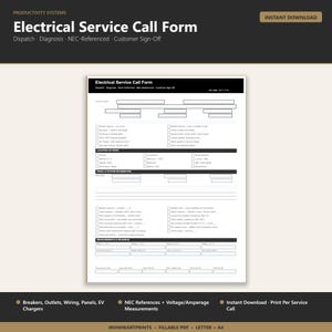 Electrician Service Call Form Fillable PDF | Dispatch to Closeout, NEC-Referenced, Breakers, Outlets, Wiring