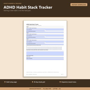 ADHD Habit Tracker Printable PDF | 30 Day Streak Planner, Tiny Habits, Dopamine Reward, Fillable Adult ADHD Habit image 1