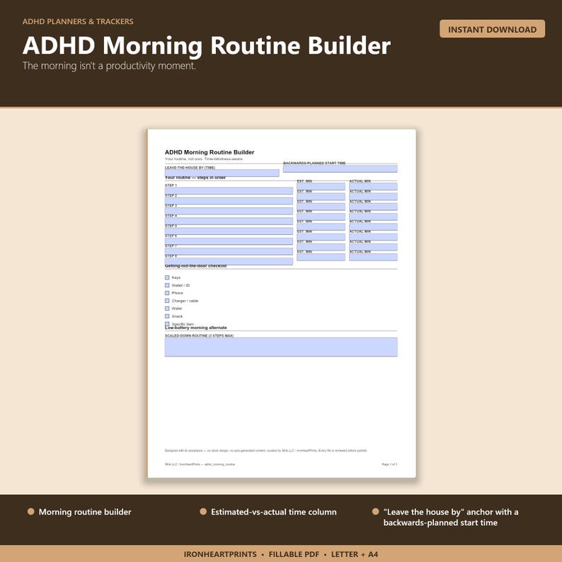 2026 ADHD Morning Routine Printable PDF | Time Blindness Checklist, Fillable Daily Routine for Adults image 1
