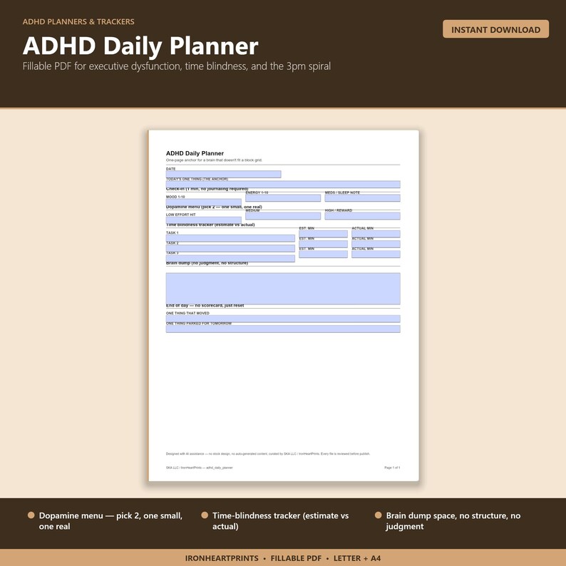 May include: ADHD Daily Planner fillable PDF with a brown header and white background. The planner includes sections for tasks, time tracking, and a dopamine menu. The text reads "Instant Download" and "ADHD Daily Planner."