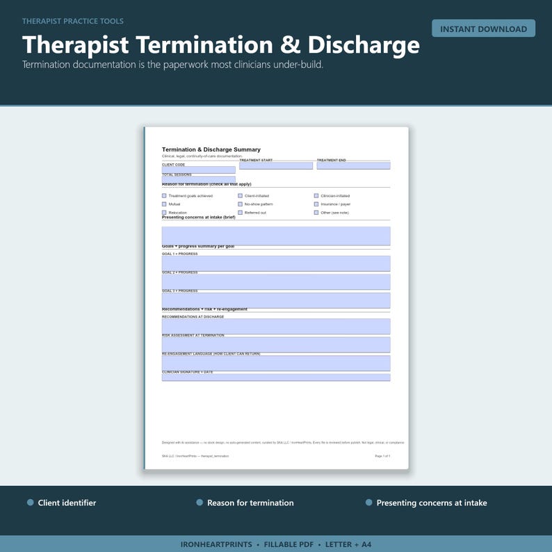 Therapy Termination Form Printable PDF | LCSW LPC Discharge Summary, Counseling Closure Note, Private Practice Documentation image 1