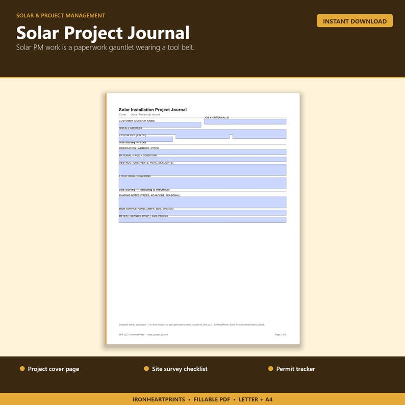Construction Project Journal Printable PDF | Site Inspection, Permit Tracker, Install Log for Contractors image 2