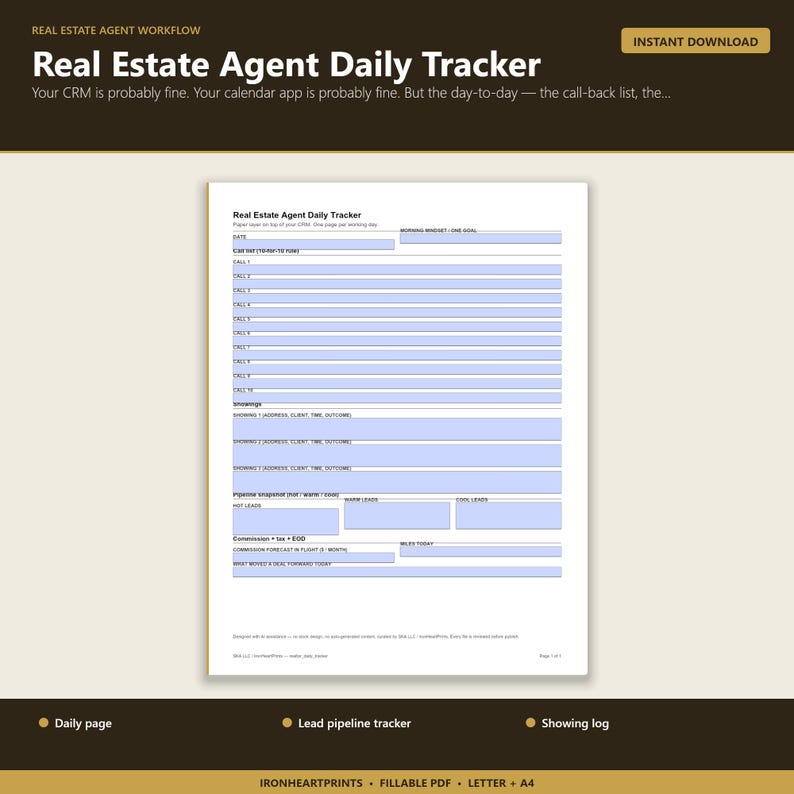Realtor Daily Planner Printable PDF | Real Estate Agent Lead Tracker, Showing Schedule & Commission Log for Realtors image 1