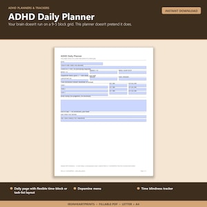 2026 ADHD Daily Planner Printable PDF | Executive Function, Time Blindness, Dopamine Menu, Fillable Adult ADHD image 1