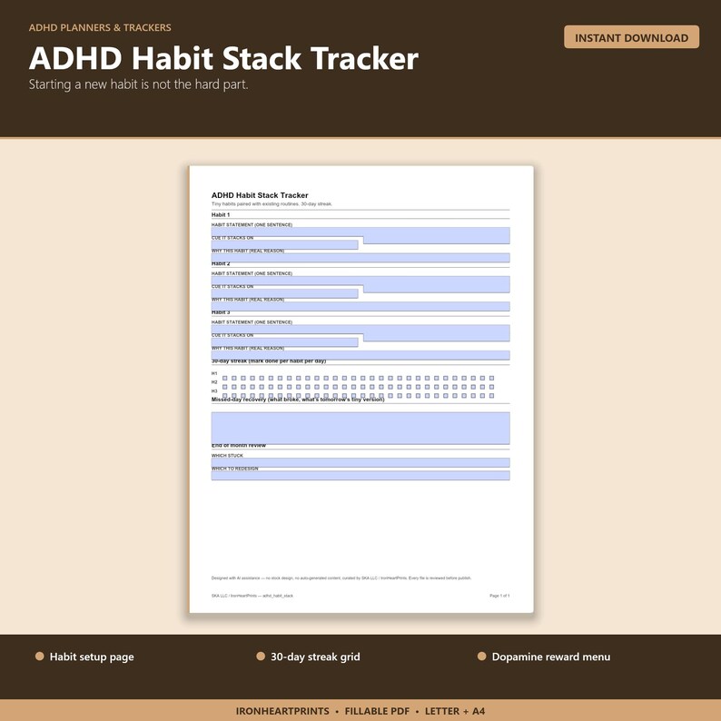 ADHD Habit Tracker Printable PDF | 30 Day Streak Planner, Tiny Habits, Dopamine Reward, Fillable Adult ADHD Habit image 2