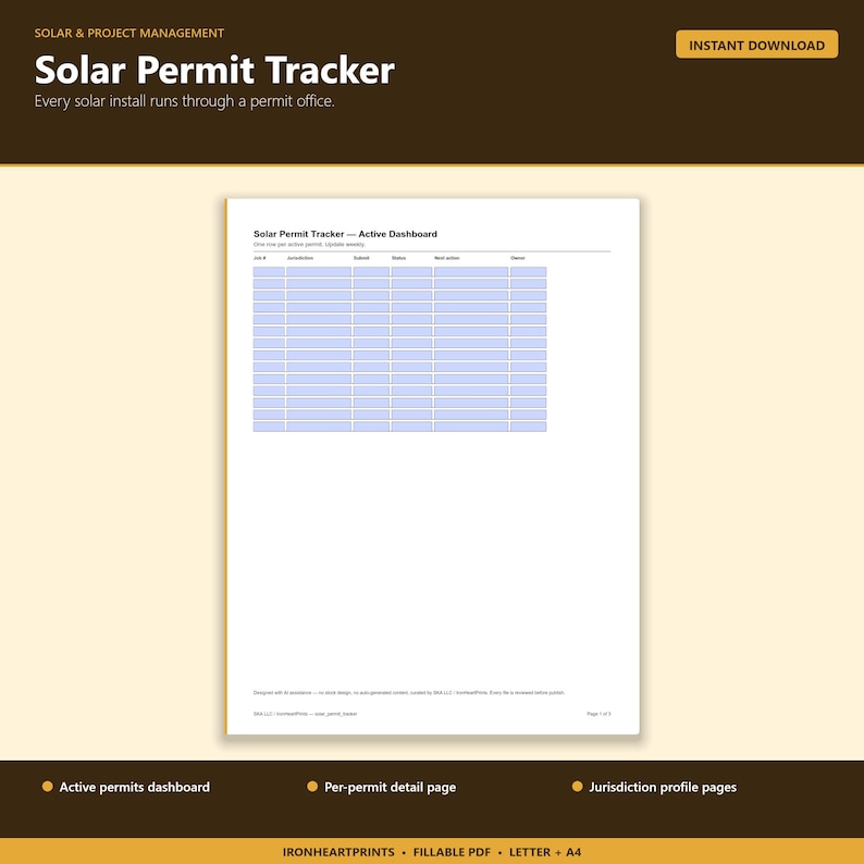 Renovation Permit Tracker Printable PDF | Home Improvement Permit Log, Multi-Jurisdiction, Submit Dates, Approval Status image 1