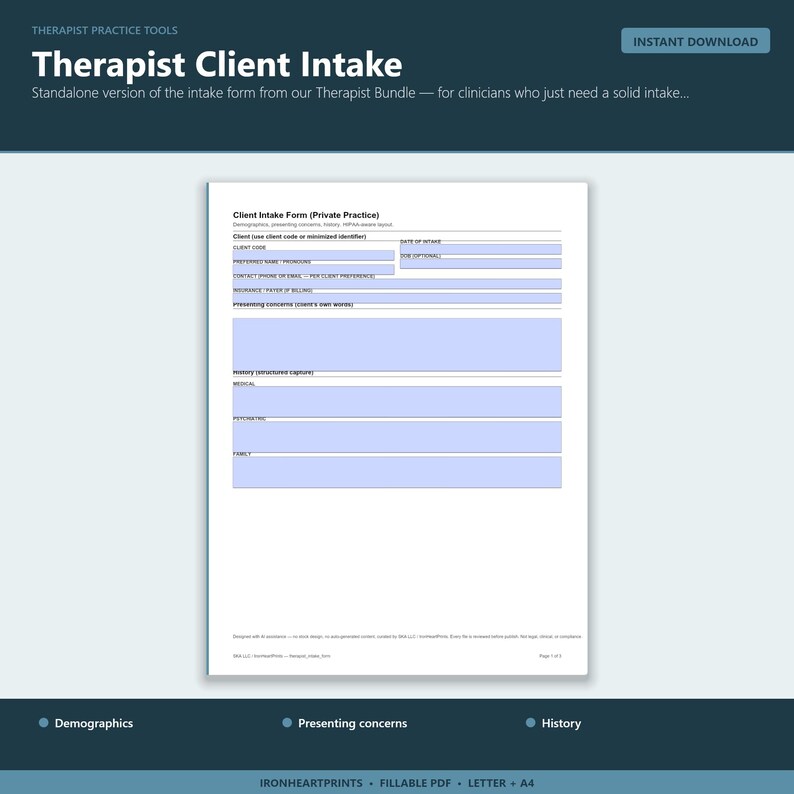 Invulbare pdf-invulformulier therapeut | LPC LCSW Intakesjabloon privépraktijk | Afdrukbaar adviespapier afbeelding 1