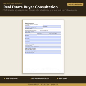 Realtor Buyer Consultation Form Printable PDF | Real Estate Client Intake, Needs Analysis & Pre-Approval Checklist for Agents image 2