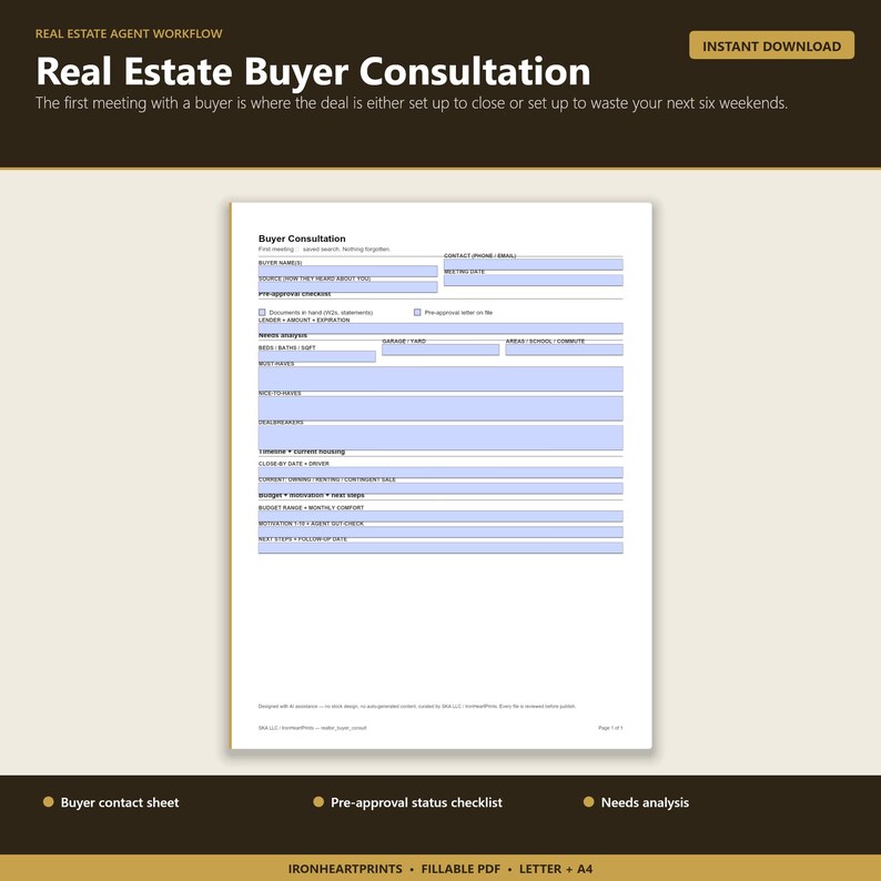 Realtor Buyer Consultation Form Printable PDF | Real Estate Client Intake, Needs Analysis & Pre-Approval Checklist for Agents image 2