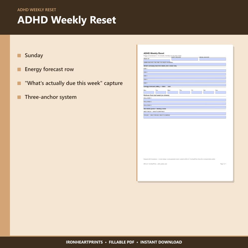 2026 ADHD Wochenplaner Printable PDF | Exekutivfunktion Erholung, Energietracker, Sonntagsreset, Ausfüllbar Bild 8