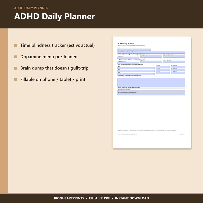 2026 ADHD Daily Planner Printable PDF | Executive Function, Time Blindness, Dopamine Menu, Fillable Adult ADHD image 5