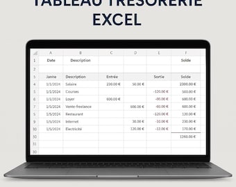 May include: A laptop displaying a spreadsheet titled "TABLEAU TRÉSORERIE EXCEL." The screen shows financial data with columns for date, description, entries, exits, and balance, with figures in Euros.