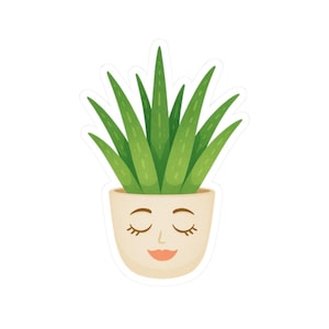 Può includere: Un adesivo con una pianta di aloe vera a fumetti in un vaso color crema con un volto sorridente. La pianta ha lunghe foglie verdi appuntite. Il vaso ha occhi chiusi e una bocca sorridente.
