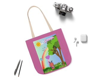May include: A pink tote bag with a whimsical summer scene featuring a smiling sun, rainbow, and a cartoon character. The bag has a light-coloured handle and the word "Summer" is written on the front.