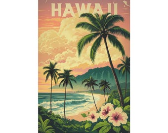 May include: A vintage-style poster with the word "HAWAII" at the top. The image depicts a tropical beach scene with palm trees, ocean waves, and hibiscus flowers. The sky is a blend of orange, yellow, and pink hues.