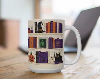Spooky Bookshelf Mug: Halloween Coffee Cup, Witchy Book Lover Gift