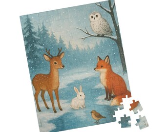 May include: A winter-themed jigsaw puzzle featuring a deer, fox, owl, rabbit, and bird in a snowy forest scene. The puzzle has a light blue background with a few puzzle pieces detached.