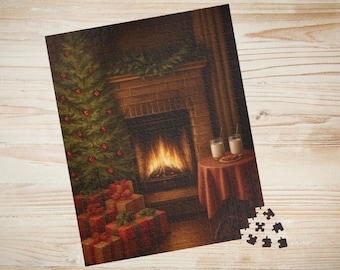 Puede incluir: Un rompecabezas con temática navideña que representa una escena acogedora con un árbol de Navidad decorado, una chimenea con fuego y regalos envueltos. Dos vasos de leche y galletas están sobre una mesa pequeña. El rompecabezas está parcialmente montado.
