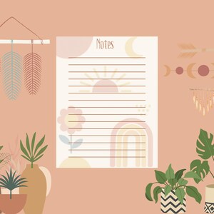 May include: Aesthetic illustration with a peach background featuring a lined notepad with the word "Notes", a sun, rainbow, and flower design. Decorative elements include hanging feathers, plants in vases, and celestial motifs.