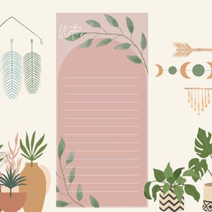 May include: A digital illustration featuring a pink notepad with the word "Notes" and lined pages. The image includes botanical elements, such as leaves and plants in vases, along with decorative arrows and moon phases. The color palette is soft and earthy.