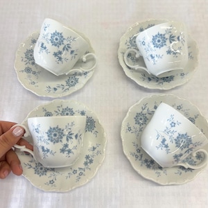 set of Bavarian Blue W Germany Christina Porcelain Tea Cup & Saucer Set Flower Pattern (sold as a set of 4)