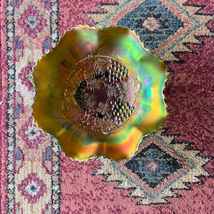 Antique Northwood Carnival Glass Ruffled Edge Footed Bowl 1920s