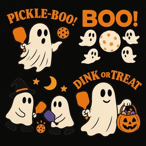 May include: Black graphic featuring ghosts playing pickleball and trick-or-treating. The text includes "Pickle-Boo!", "Boo!", and "Dink or Treat". The ghosts are holding paddles, a jack-o'-lantern, and a pickleball.