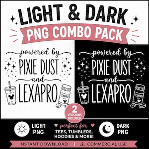 以下が含まれることがあります： LIGHT & DARK PNG COMBO PACKというタイトルのデジタルグラフィックデザインセット。powered by PIXIE DUST and LEXAPROというテキストが特徴です。マウスの耳のアイコンが付いたドリンクカップと、LEXAPRO 10 mgと書かれた薬瓶のイラストが含まれています。