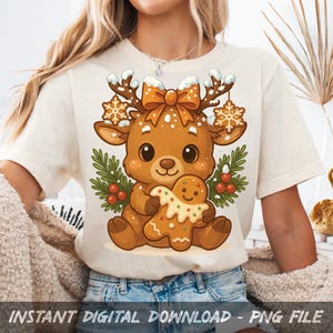 Cute Christmas Reindeer PNG | Festive Holiday Clipart with Gingerbread Cookie & Snowy Antlers | Digital Download