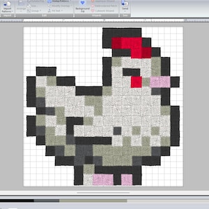 May include: A pixelated chicken design in a digital art program. The chicken is composed of various shades of gray, black, red, and pink squares. The image is set against a gray background with a grid overlay, suggesting a design or embroidery pattern.