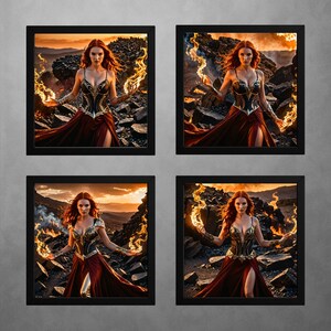 May include: Four framed art prints. Each print shows a woman with red hair and a red dress, conjuring flames. The background features a rocky landscape and a fiery sky, creating a fantasy theme.