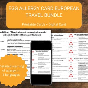 Egg Allergy Travel Card – Meertalige pdf en mobiele afbeelding – 5 talen voor Europa – Regionale tekst – Travel Safety Card