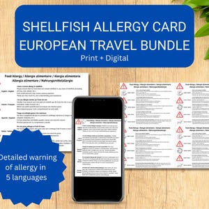 Allergiekaart voor schaaldieren – meertalige reisafdrukbaar | Frans, Spaans, Italiaans, Duits, Engels | Vertaalkaart voor voedselallergieën Europa