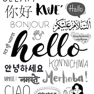 Könnte beinhalten: Schwarz-weiße Illustration mit dem Wort "hello" in großer Schrift, umgeben von Grüßen in verschiedenen Sprachen, darunter "Hallo", "Bonjour" und "Ciao". Eine Cartoon-Figur winkt.