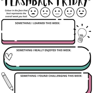 Może przedstawiać: Czarno-biały arkusz "Flashback Friday" z sekcjami do wypełnienia dotyczącymi nauki, radości i wyzwań tygodnia. Zawiera miejsce na podpis rodzica/opiekuna i emotikony do pokolorowania.
