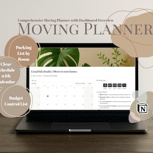 May include: A laptop displaying a moving planner interface with a calendar, packing list, and budget control features. The screen shows the text "MOVING PLANNER" and "CozyFish.Studio | Move to new home."