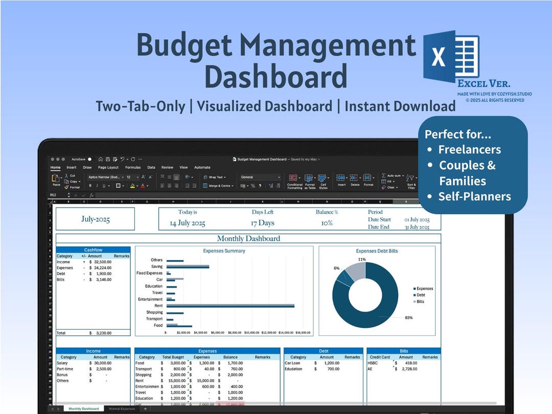 Monthly Budget Management Dashboard | Excel Template | Track Expenses ...