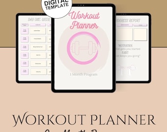 May include: Digital workout planner template displayed on three tablets. The central tablet features a pink dumbbell graphic and the words "Workout Planner" and "1 Month Program." The other tablets show workout details and a progress report.