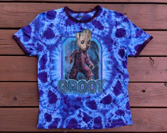 Groot Gaurdians of the Gallaxy Upcycled Thrifted Altered Reworked Reverse Tie-Dye Tee T Shirt Hand-Dyed Star Wars Size L