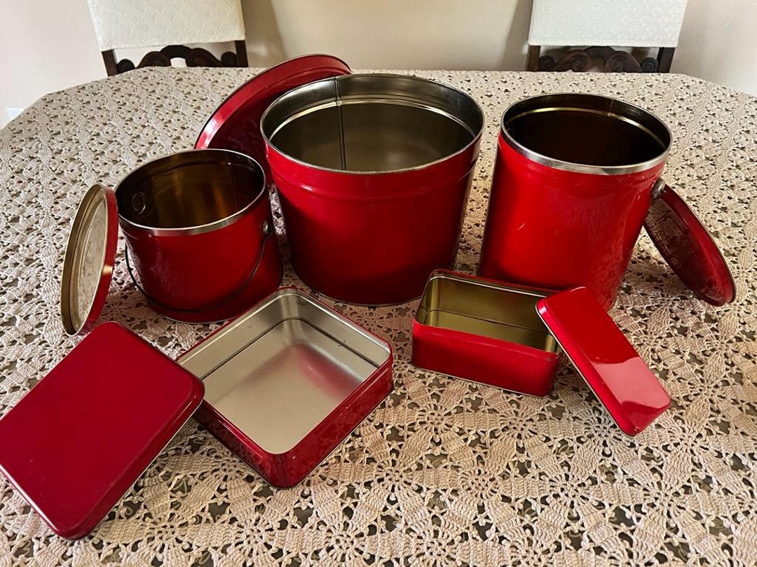 Red Tin Patterns Set of 6 Red Metal Tins – Includes Vintage Bertels Can Co + Matching ...
