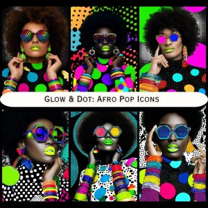 May include: A vibrant collage featuring six portraits of individuals with afros, wearing colorful sunglasses, and neon lipstick. They are adorned with stacked bracelets and earrings, and the text "GLOW & DOT: AFRO POP ICONS" is displayed.