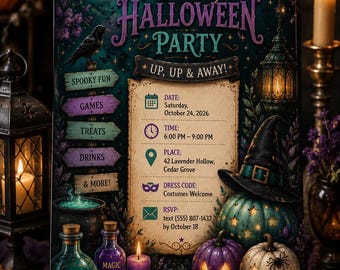 Halloween-Party-Einladung, Mondschein-Hexen-Kostümparty – Bearbeitbare und druckbare Canva-Vorlage
