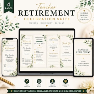 Teacher Retirement Invitation Suite, Editable Celebration Program, Thank You Card (Digital Download)