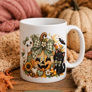 Kürbis im Patchwork-Stil (PNG), Halloween-Sublimationsdesign, Schleife mit Geisterkatze, Herbstmotiv (PNG)