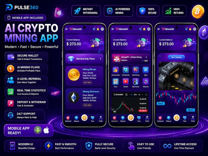K&ouml;nnte beinhalten: Drei Smartphones zeigen die Benutzeroberfl&auml;che der Webmaker AI Crypto Mining App vor einem dunkelvioletten Hintergrund. Die Bildschirme zeigen ein aktuelles Guthaben von 273,00 $, Mitgliedschaftspl&auml;ne, Mining-Optionen und ein Live-Handelsdiagramm.